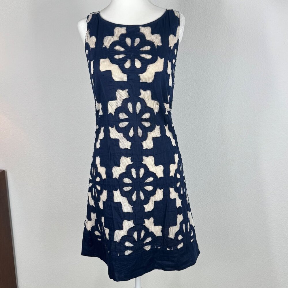 Kas New York Embroidered Shift Sleeveless Dress Navy Ivory Size Small - Picture 1 of 14